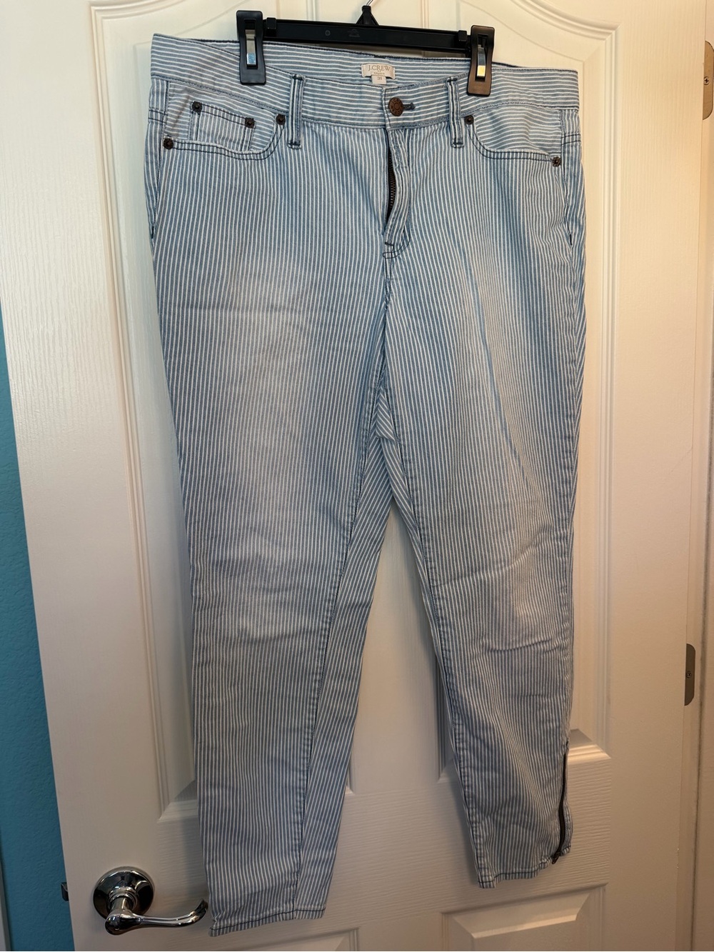 J. Crew Blue and White Pinstripe Cropped Jeans